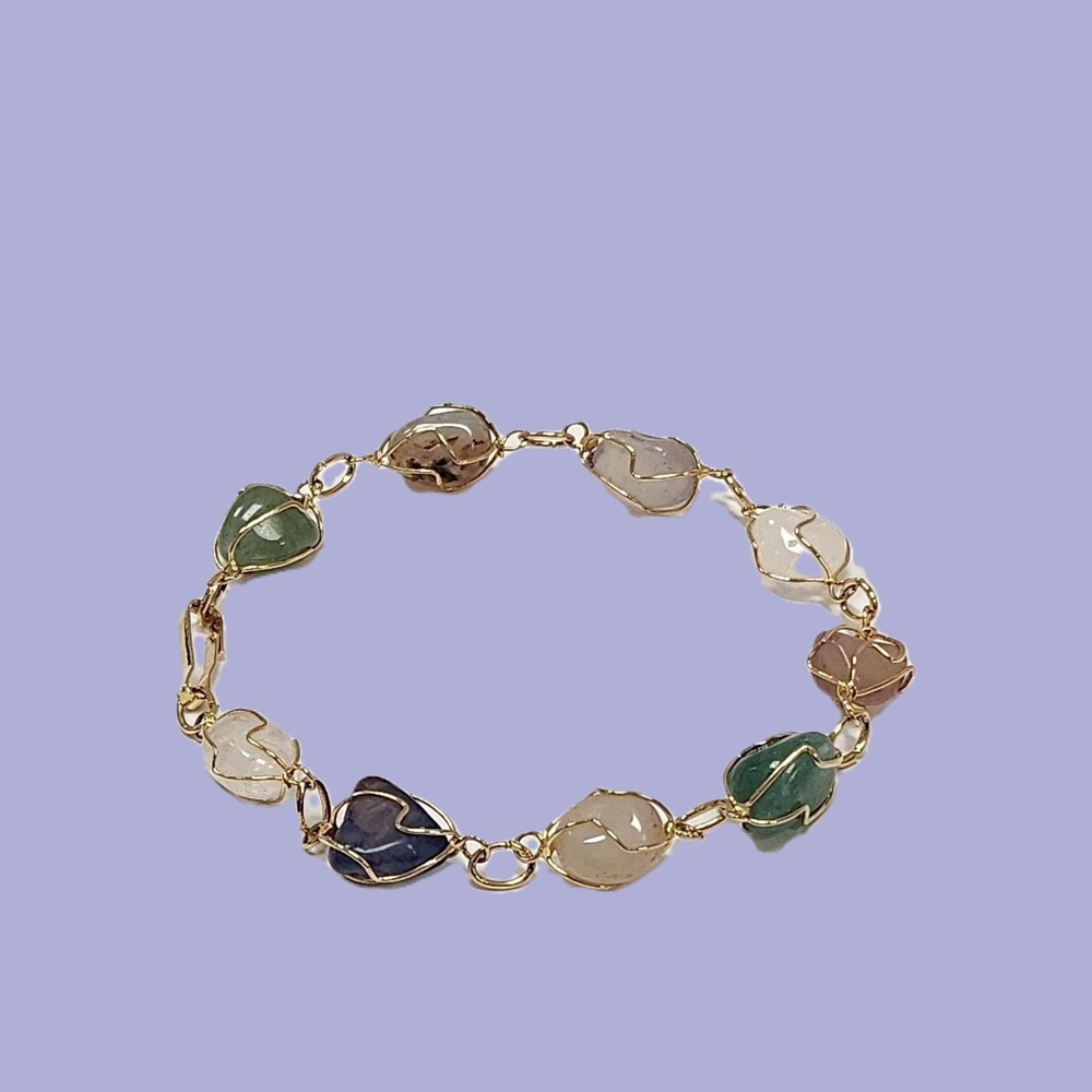 Handmade Wire Wrapped Tumble Gemstone Link Bracelet Gold Tone Boho Natural Stone